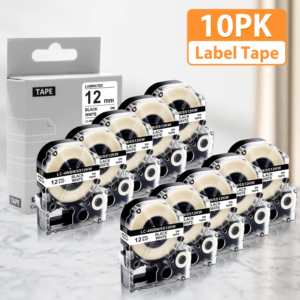 Labelwell 10pcs 12mm Black on White SS12KW label tape compatible for Epson LW-300 LW-400 LW-600P LW-700  LW-700P label printer