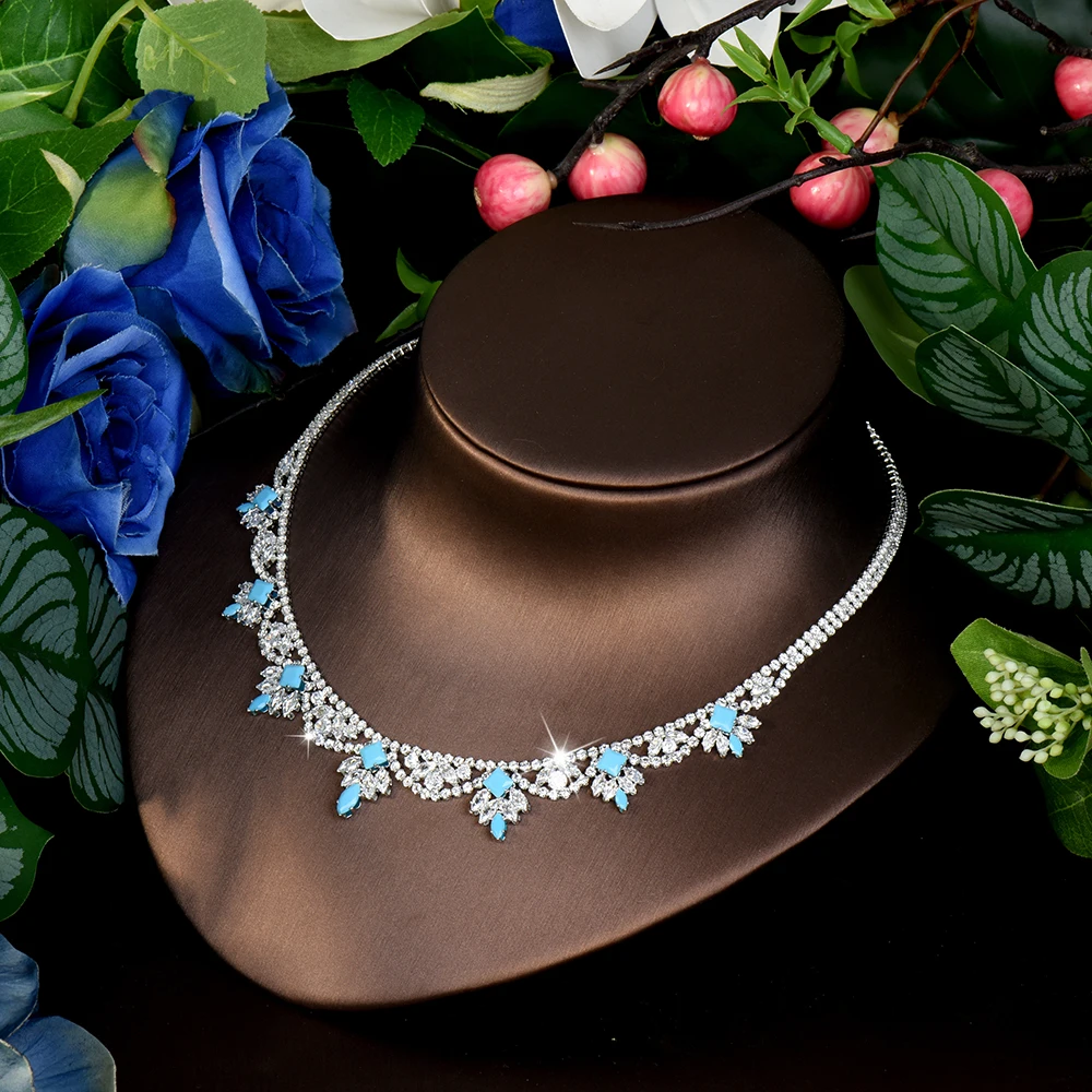 HIBRIDE 4 قطعة مجموعة مجوهرات رومانسية زرقاء عتيقة قلادة للسيدات أقراط خاتم حفلة موسيقية هدية الزفاف الزفاف S-784 #6