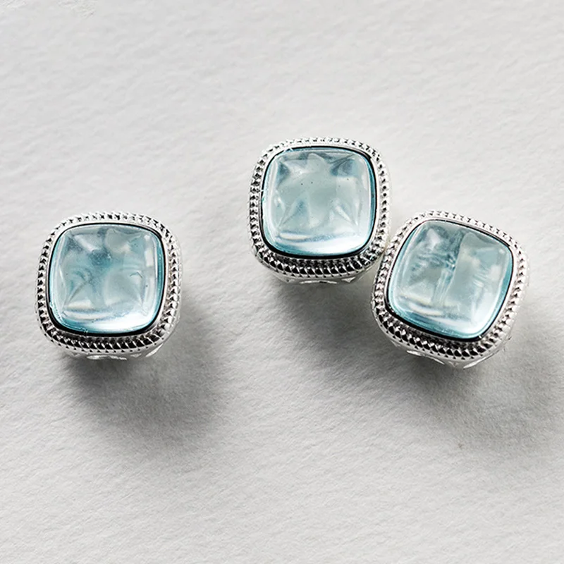 1pc 925 Sterling Silver Exquisite Aquamarine Stone Paved Charm Beads 11x9.5mm Bracelets Bangles Jewelry Spacers DIY Jewelry Make