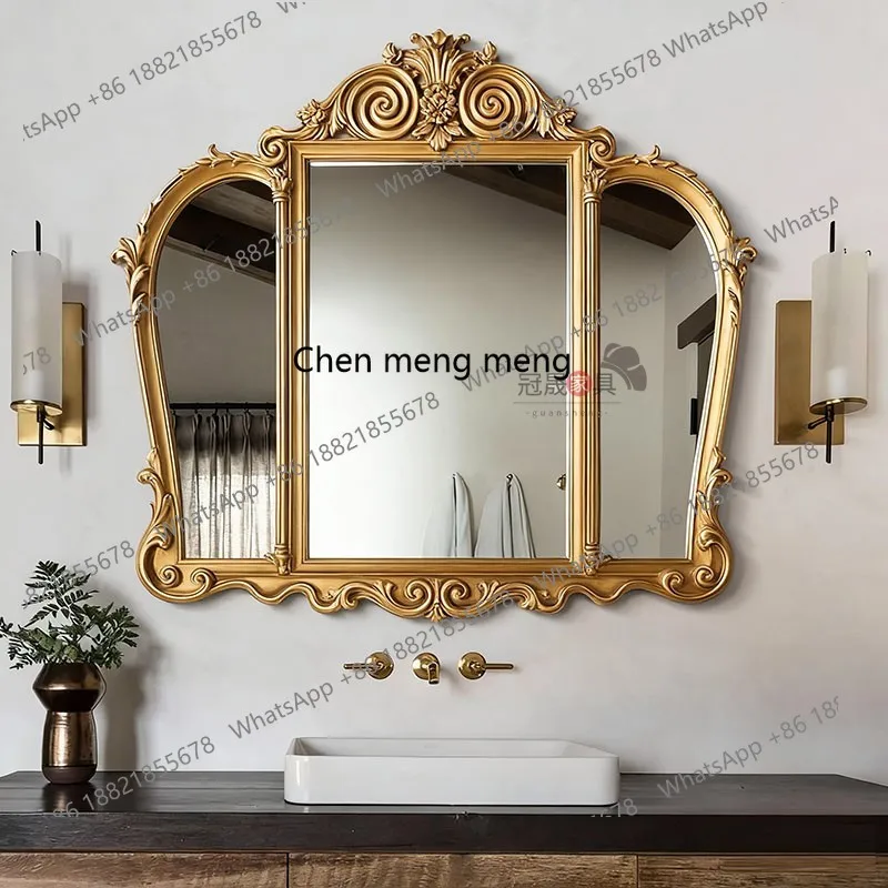 

French retro three-sided bathroom mirror wall-mounted bathroom French makeup European-style carved porch decorative mirror