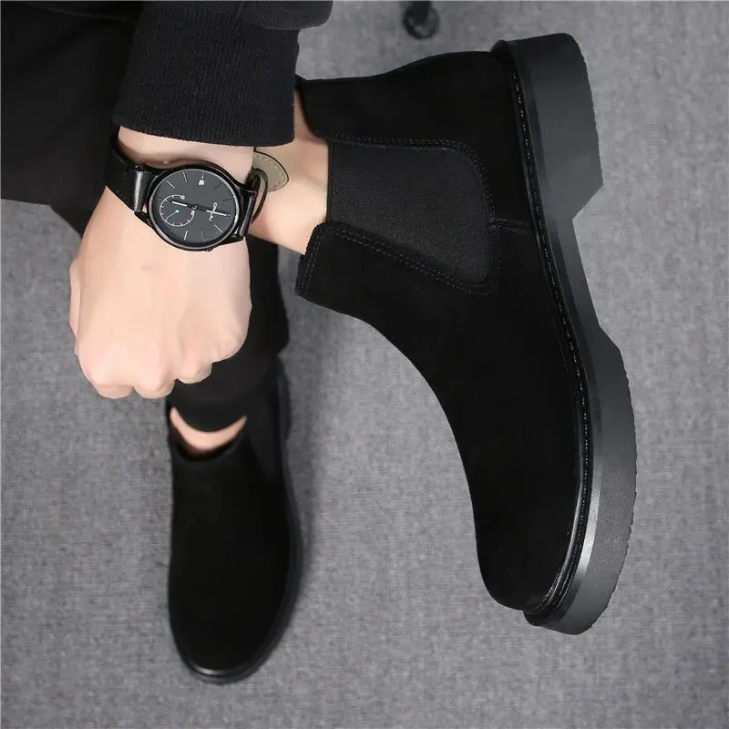 men luxury fashion chelsea boots black trend cow suede leather shoes cowboy autumn winter ankle boot platform short botas hombre