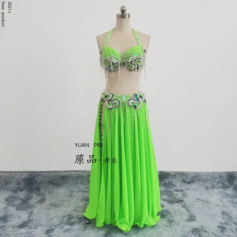 Customized Belly Dancewear Rhinestone Accessories Group Stage Suit Performance Costume Belly Dancing Bra Tassel Split Skirt Set