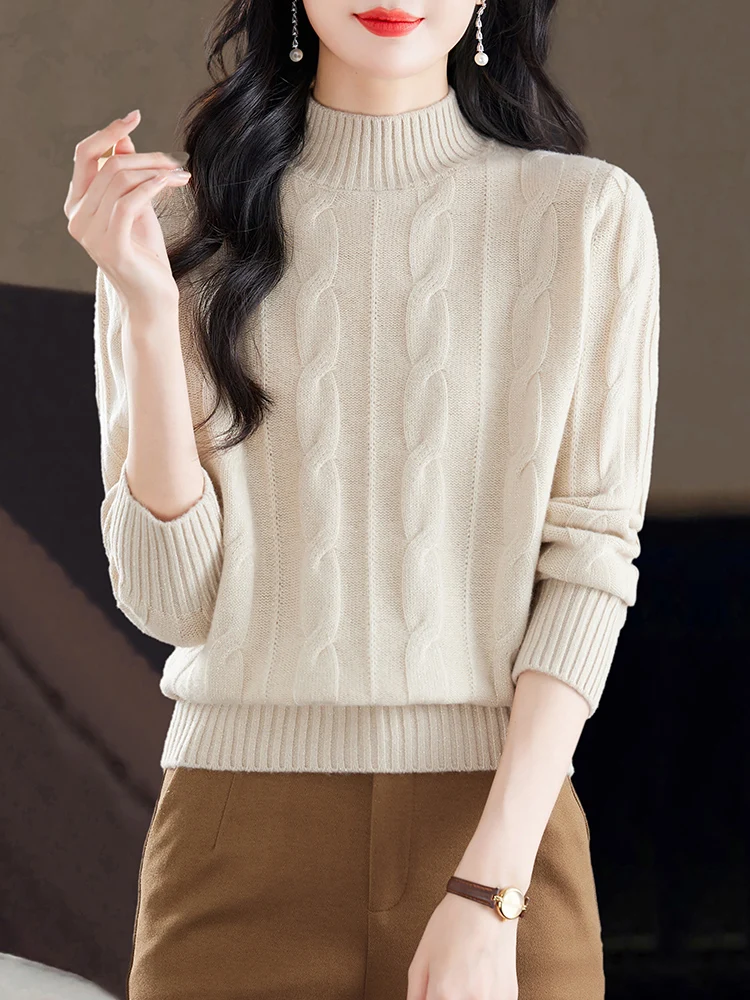 Suéter de Lã Quente e Espo para Mulheres, Csa Base Tricotada de Gola Alta Solta, Estilo Novo de Moda para Outono e Inverno