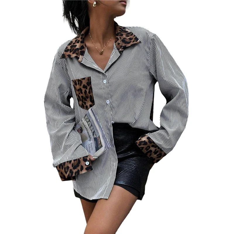 

ABRT-Women's Striped Leopard Print Long Sleeve Blouses Cheetah Button Down Collared Shirts