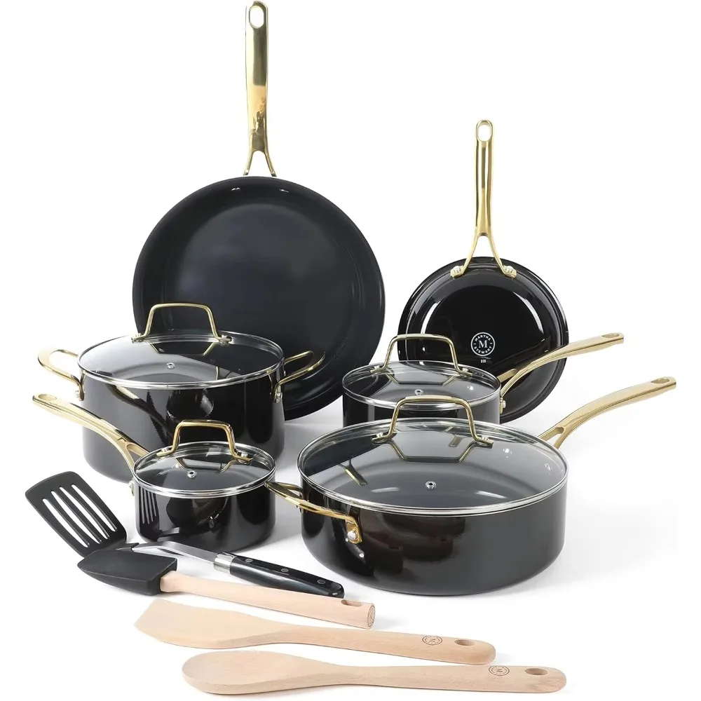 Martha Stewart Lockton 14 Piece Premium Non-Stick Heavy-Gauge Aluminum Cookware Combo Set (Pots, Pans, and Tools) - Black w/Gold