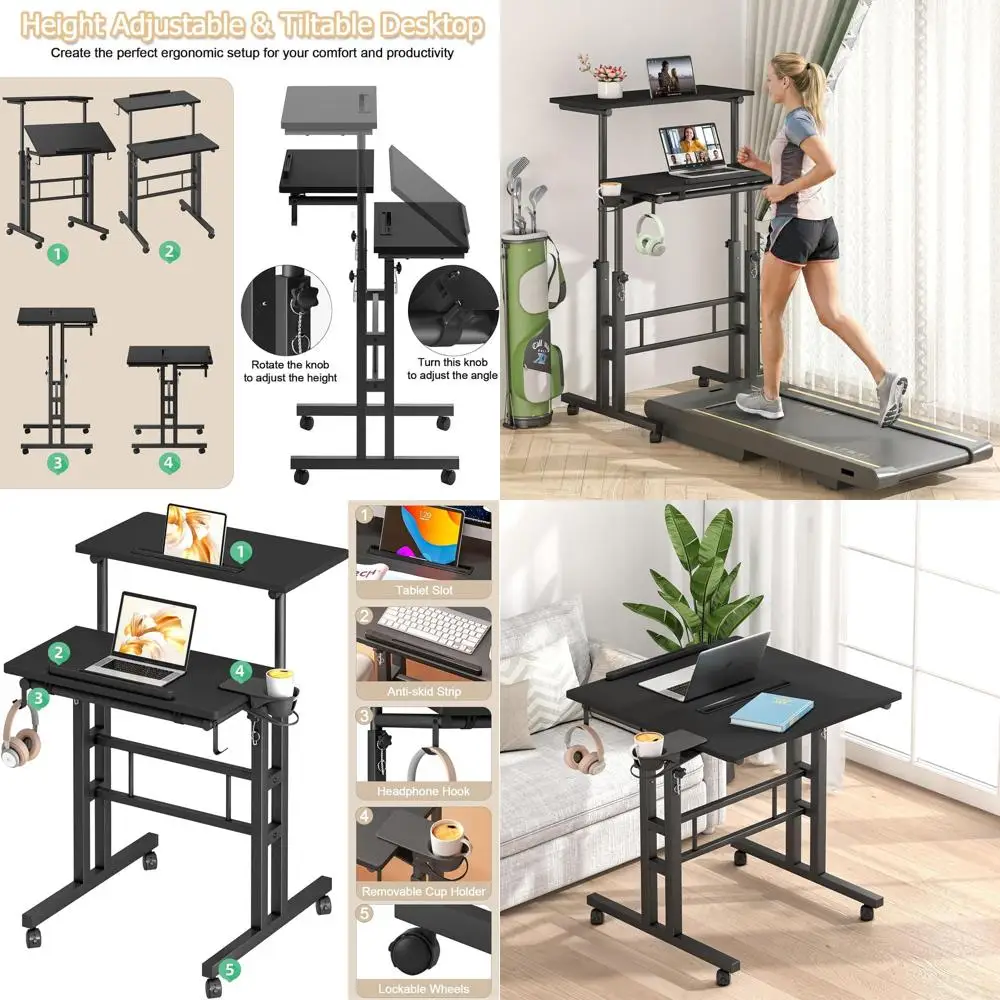 

Adjustable Height Laptop Desk with Cup Holder and Hook, Portable Rolling Workstation for Home Office, Standing or Sitting, Black