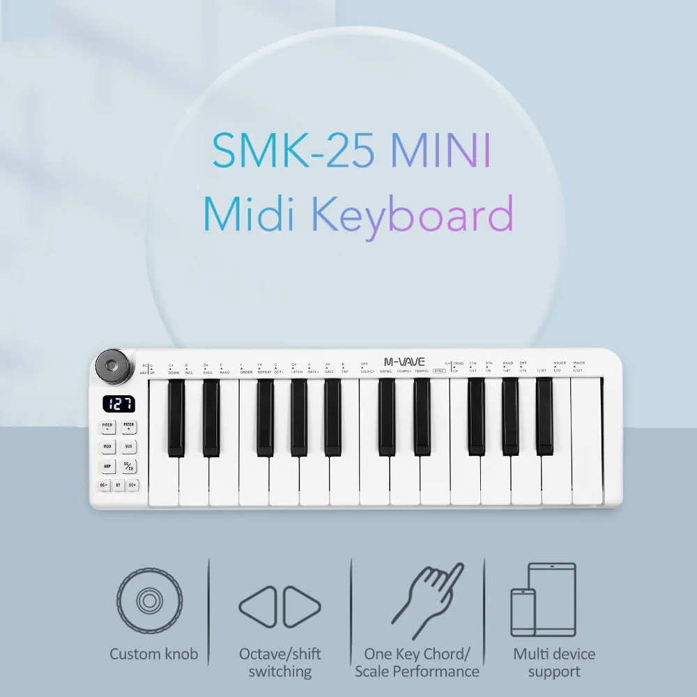 M-VAVE SMK-25mini MIDI Keyboard Rechargeable 25-Key MIDI Control Keyboard Instrument Mini Portable USB Keyboard MIDI Controller