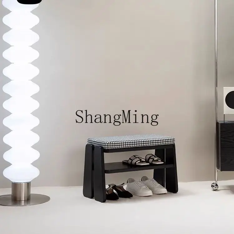 

CL Solid Wood Shoe Changing Stool for Home Entrance, Low Stool with Soft Cushion, Integrated Shoe Cabinet Stool, Double Layer