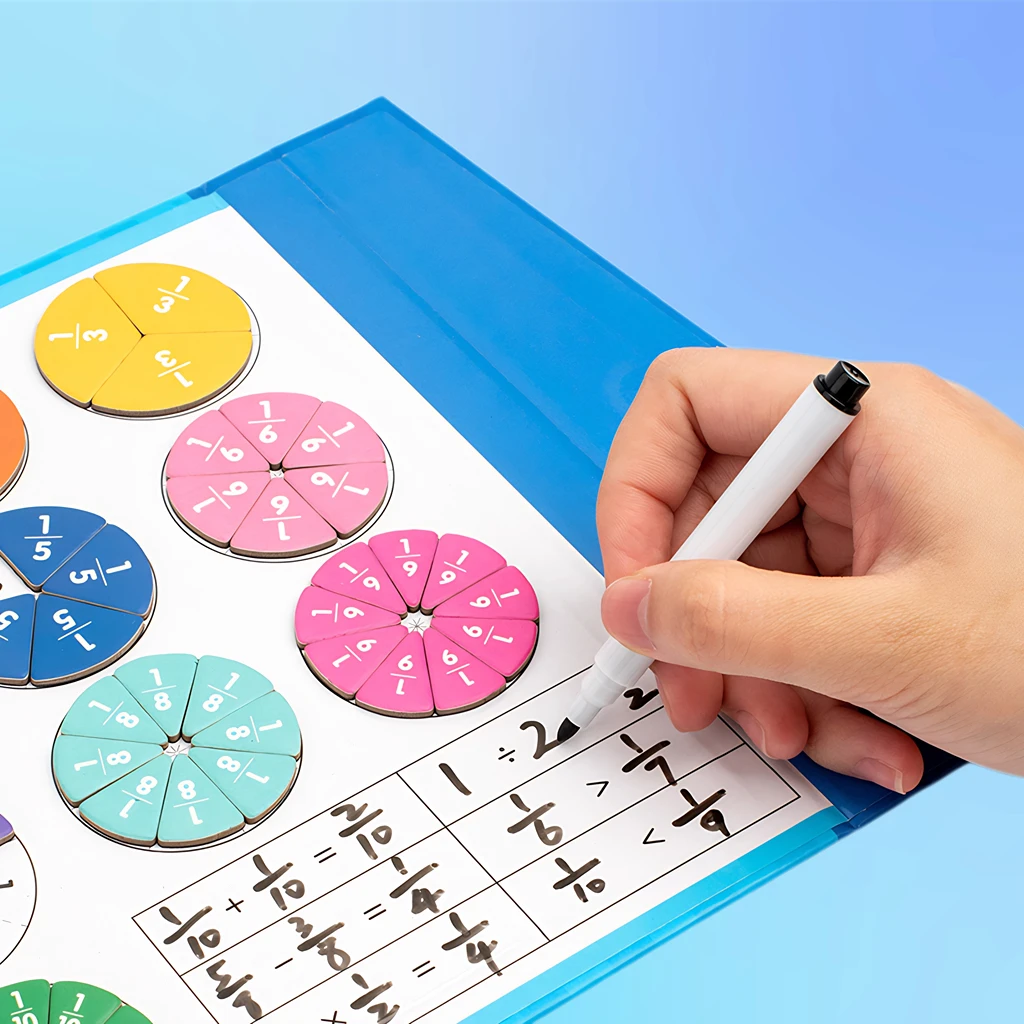 أقراص الكسور المغناطيسية الرياضية، أداة تعليمية لمقارنة حجم الكسور، غطاء موضوع كرتوني على شكل ديناصور