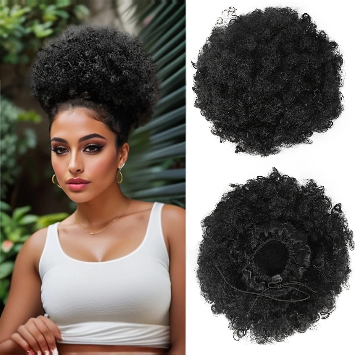 Extensão de Rabo de Cavalo Afro Sintético para Mulheres, Coque Afro Curto Premium Crespo Cacheado com Cordão, Aplique de Cabelo Sintético