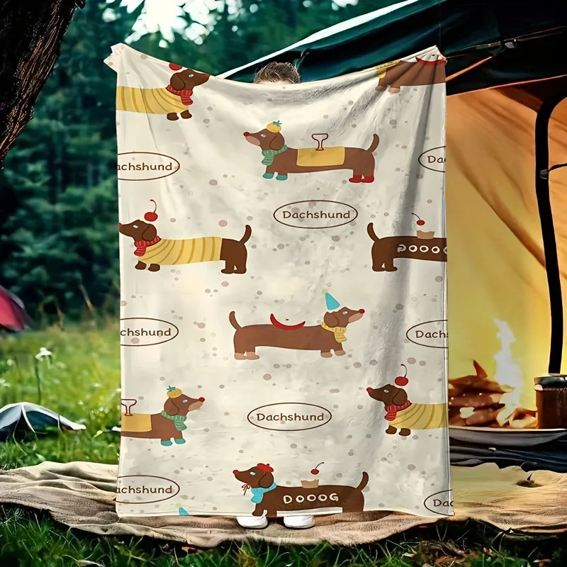Manta con patrón de perro salchicha de dibujos animados, manta para sofá cama para el hogar, Picnic, viajes, oficina, ocio, siesta, lavable a máquina, forro polar suave y cómodo, 1 ud.