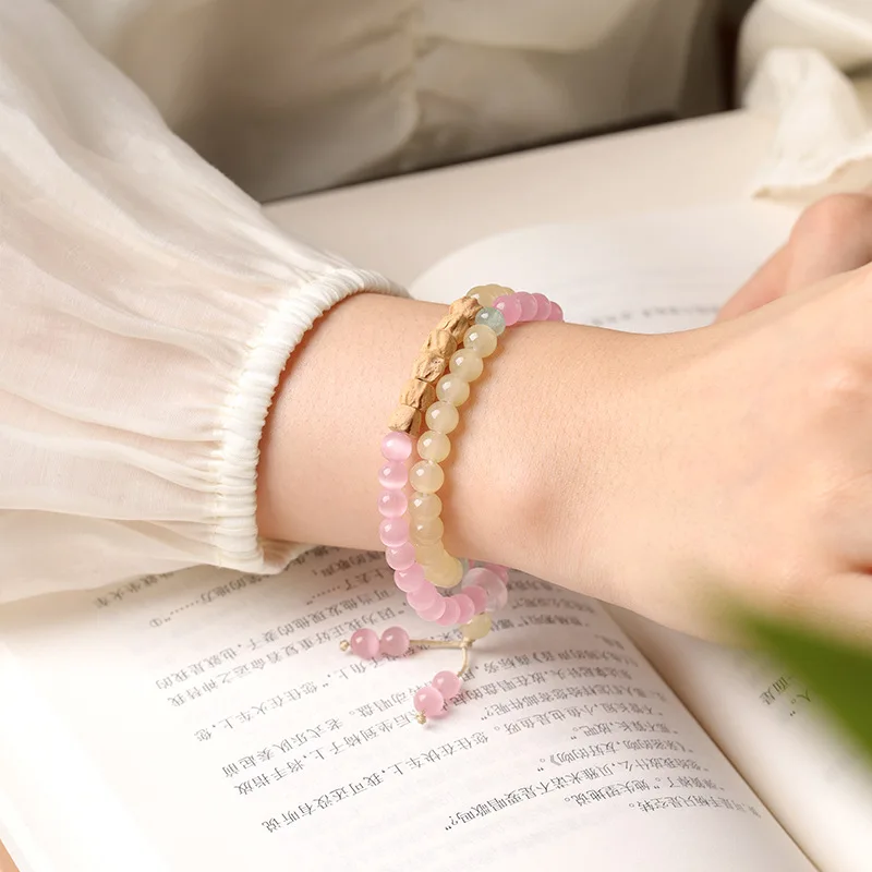 Pine Mist Rose Pink Cat's Eye Stone Passion Seed Bracelet Exquisite Chinese Running Ring Bead Double Circle HandString for Women
