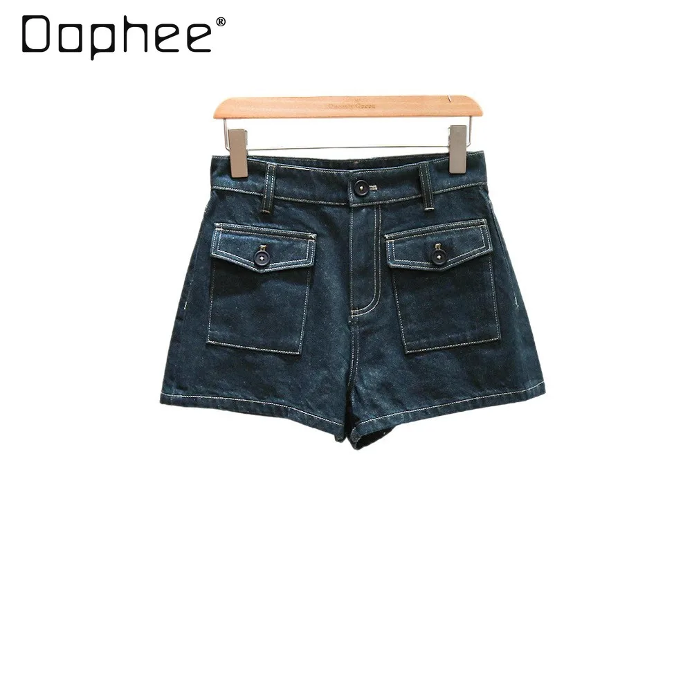 Estate nuovi pantaloncini casual retrò Spice Girl stile pendolare moda tinta unita versatili pantaloncini di jeans a vita alta pantaloncini a trapezio