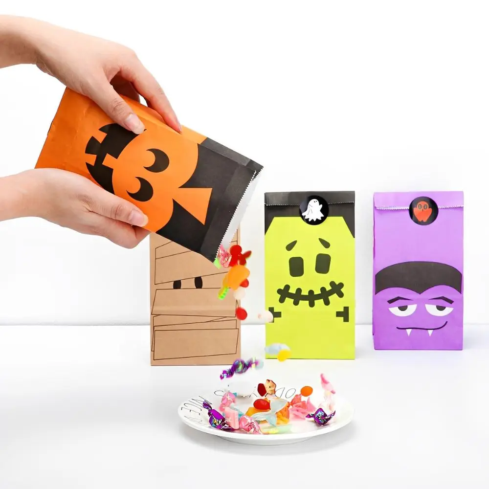 8/16/24 Stück Halloween-Kraftpapiertüten mit zufälligem Muster, Monster-Kürbis-Spinnennetz-Druck, Party-Geschenktüten YMY – Detail 4