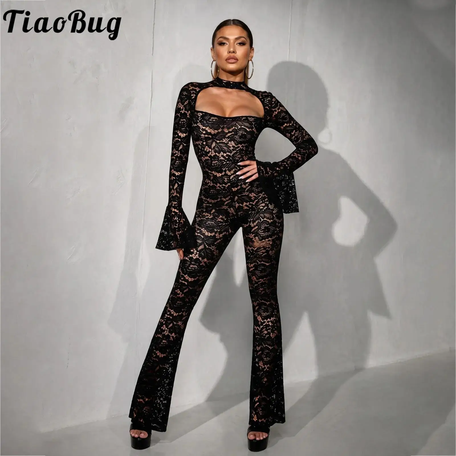 

Women Sheer See Through Floral Lace Jumpsuit with Opaque Liner Flared Long Sleeve Wide Leg Long Pants Romper for Clubwear Party