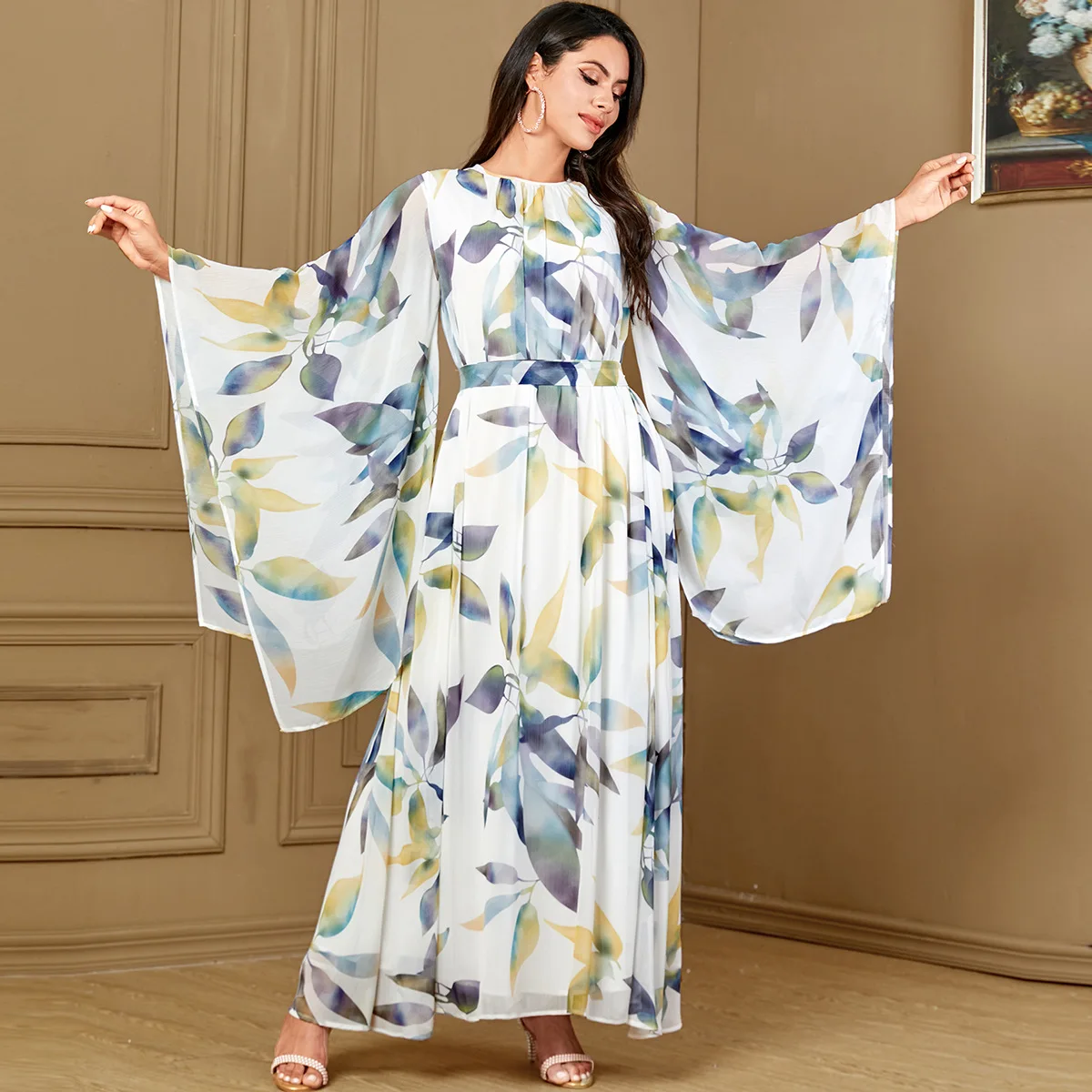 

Moroccan Dubai Fashion Women Printed Abaya Muslim Flare Sleeve Dress Ramadan Kaftan Turkey Islamic Clothing Evening Party Gown