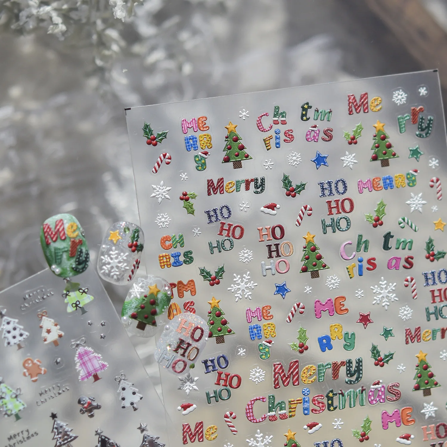 Christmas Tree Holiday Berry Candy Cane Snowflake Hat Letter Festival Snowman Shiny Adhesive Nail Tip Art Sticker Manicure Decal