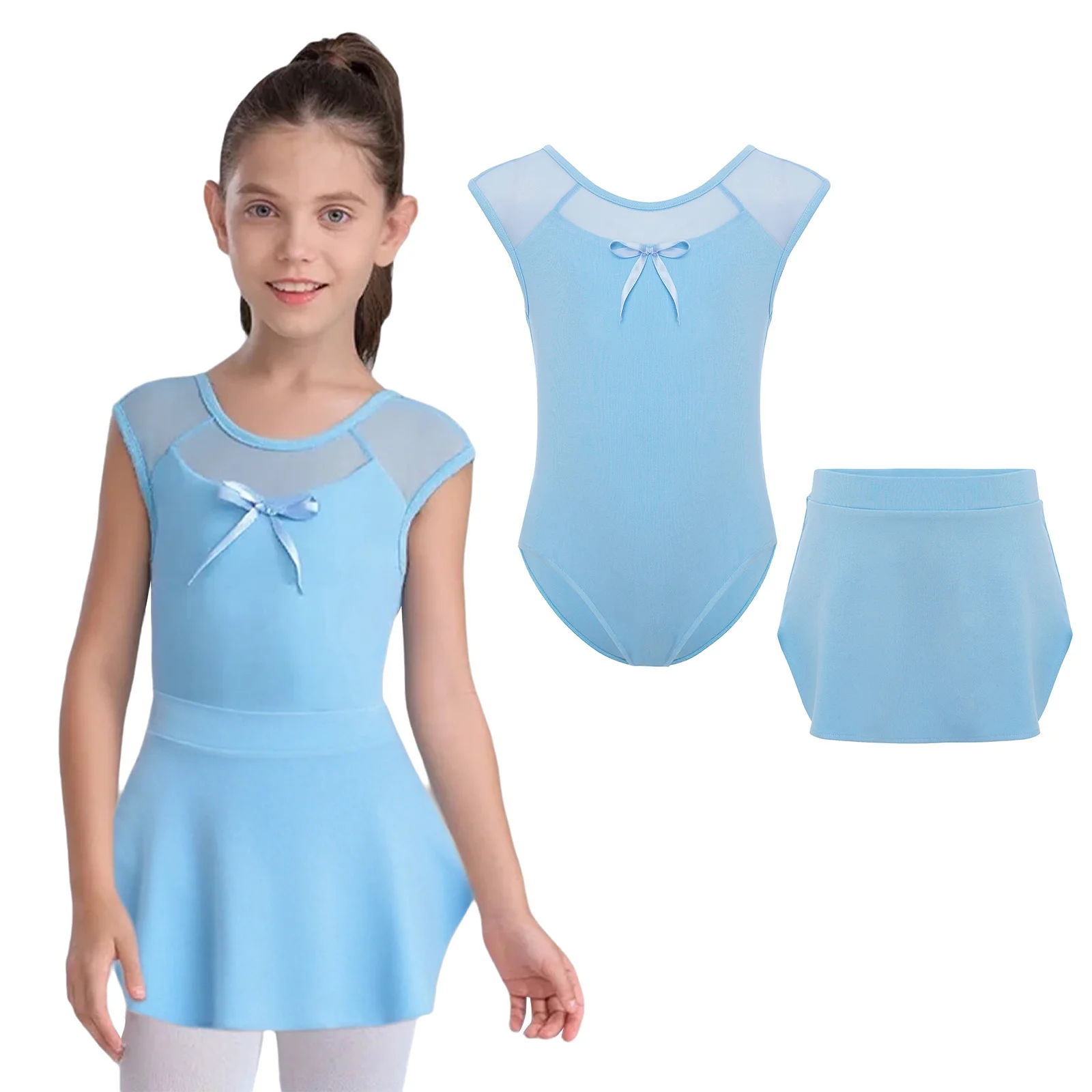 الفتيات الباليه ثياب بلا أكمام بقماش شفاف الرقص Unitards جيرسي مع الجانبين شق تنورة راقصة الباليه اليوغا الجمباز التزلج وتتسابق