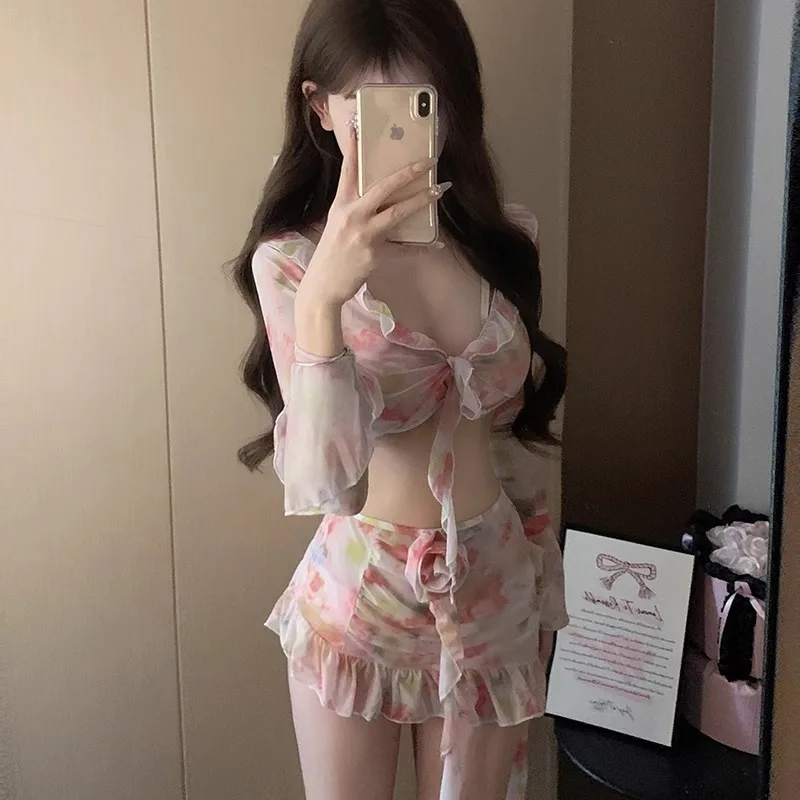 

Women's Bikini Swimsuit Four-Piece Set Slimming Conservative Floral Print Gathered Swimming Hot Springs Suitable Skirt Style