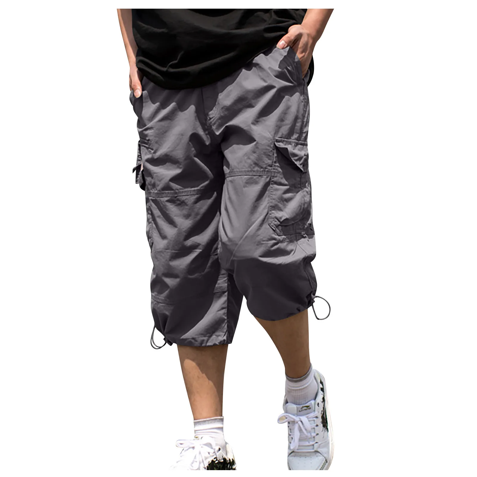 

Fashion Men'S Capri Pants Casual Mid Waist Solid Color Cargo Pants With Pockets Outdoor Street Trend Drawstring Capri Pants