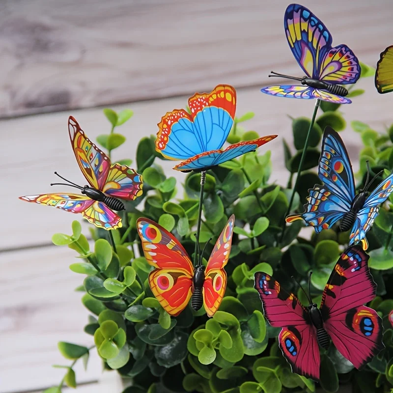 10pcs Colorful Butterfly Stakes, 3D Artificial Butterfly Decor, Garden & Patio Decor, Random Pattern