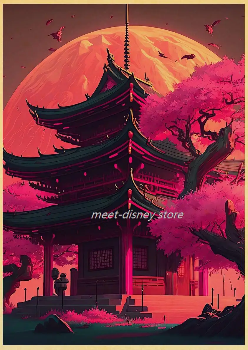 Red Moon Japanese Architecture Poster Harajuku Kraft Paper Posters Home Decoration Coffee Aesthetic Chambre Wall Dormitory