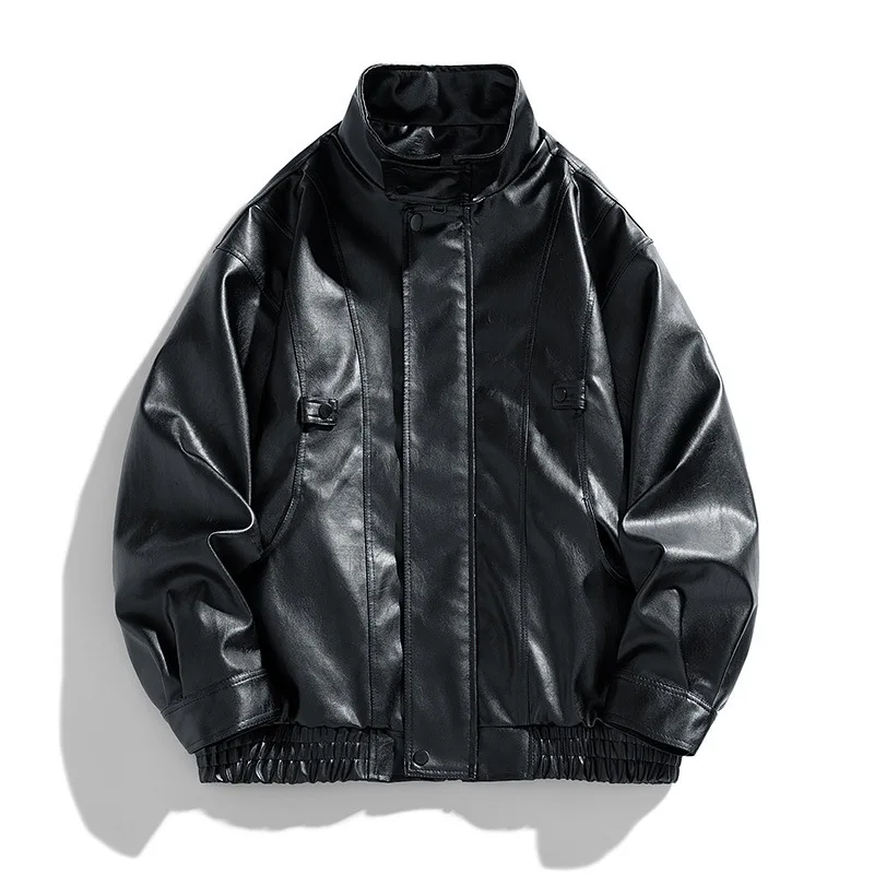 

Autumn Men Coat Simple Solid Color Waterproof Loose Man Leather Jacket Motorcycle Punk Stand Collar Long Sleeve Male Outerwear