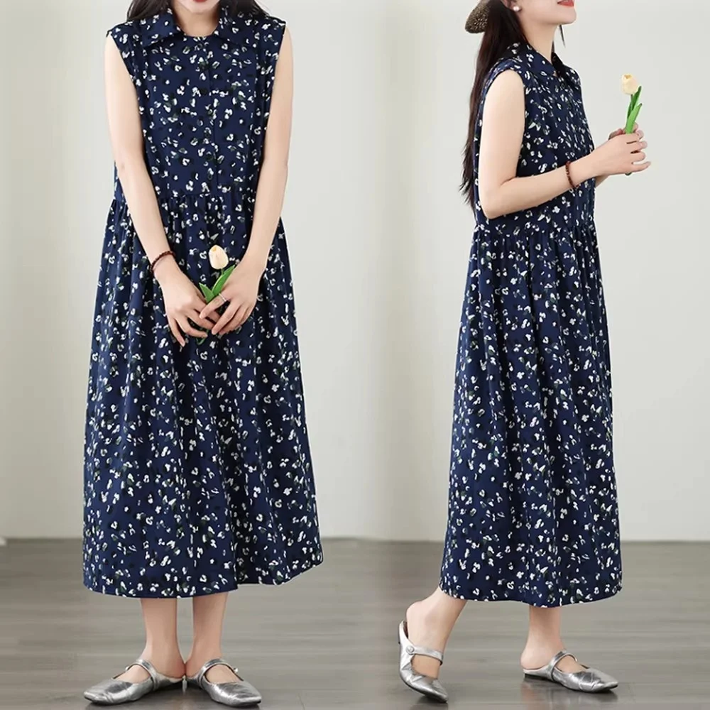 

Summer new loose and fashionable chiffon floral dress, versatile and slimming, Turn Down Collar Vest Dress J422