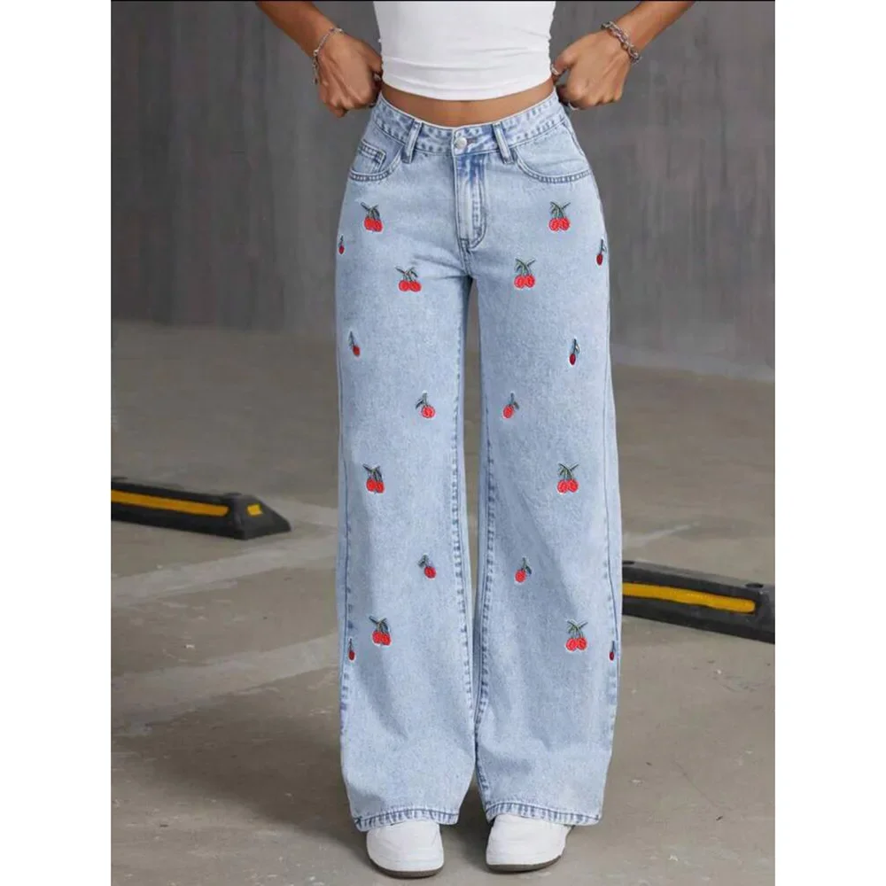 Celana Jeans Wanita Model Wide Leg Bordir Pinggang Tinggi Distressed Washed Kantong Vintage Panjang Lantai Streetwear 2025