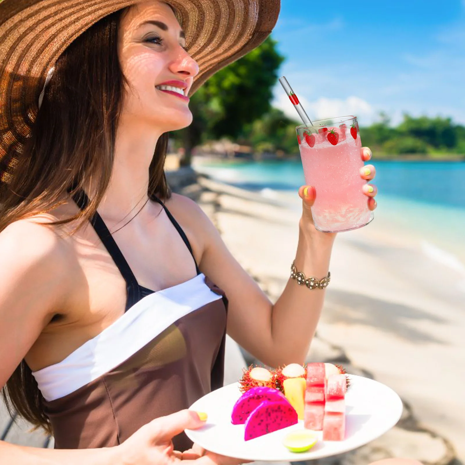 

2Sets Strawberry Milk Glass Cup Clear Transparent Straw Mug Multifunctional Water Juice Beverage Container