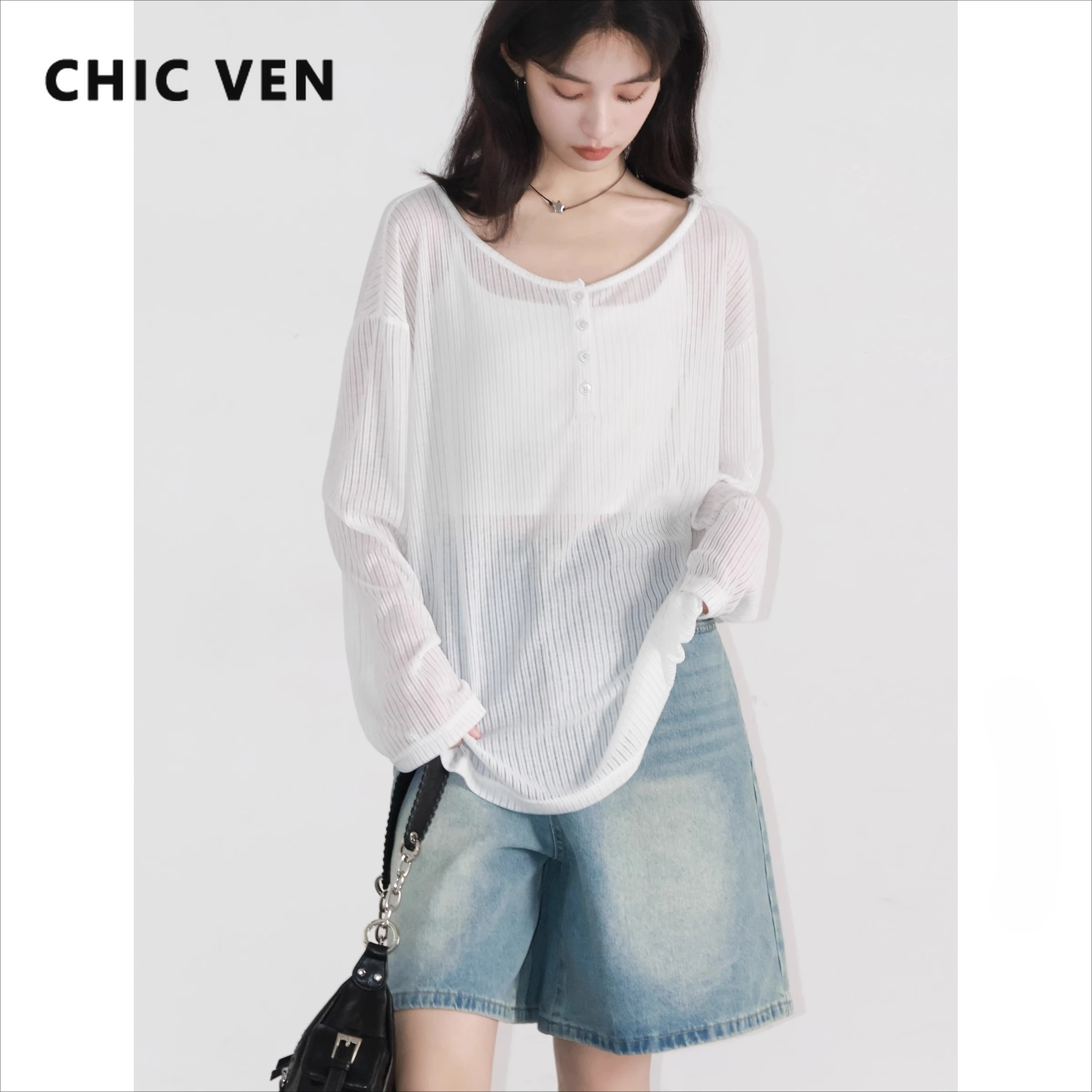 CHIC VEN Women T-Shirts Casual Loose New Slightly Transparent O Neck Female Top Thin Sun Protection Tees Spring Summer 2025