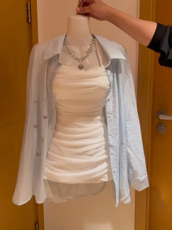 

Blue Thin Long Sleeve Women's Shirt Summer New Korean Style Loose Slimming Sun Protection Open Cardigan Outerwear Casual Wear