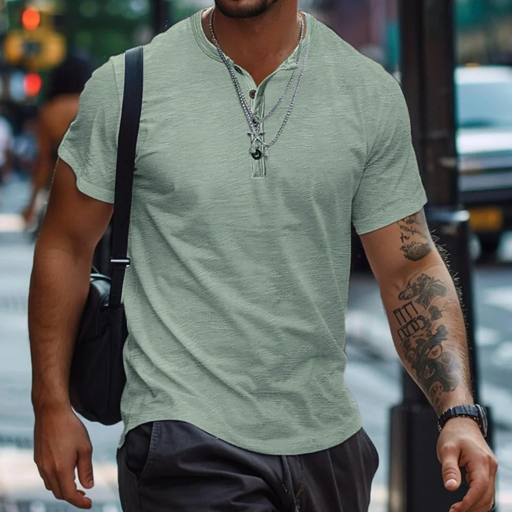 Free Print Your Logo Men's Summer Cotton Short-sleeved T-shirt Solid Color Henry Shirt Slim Fit T-shirts For Men Team Custom image 5