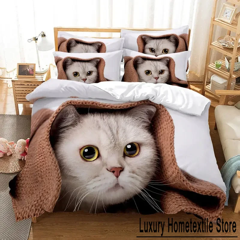 Cat Duvet Cover Set Cute Kitty Theme Bedding Set for Boys Girls 2/3pcs Single Double Queen King Size Comforter Cover Bedclothes