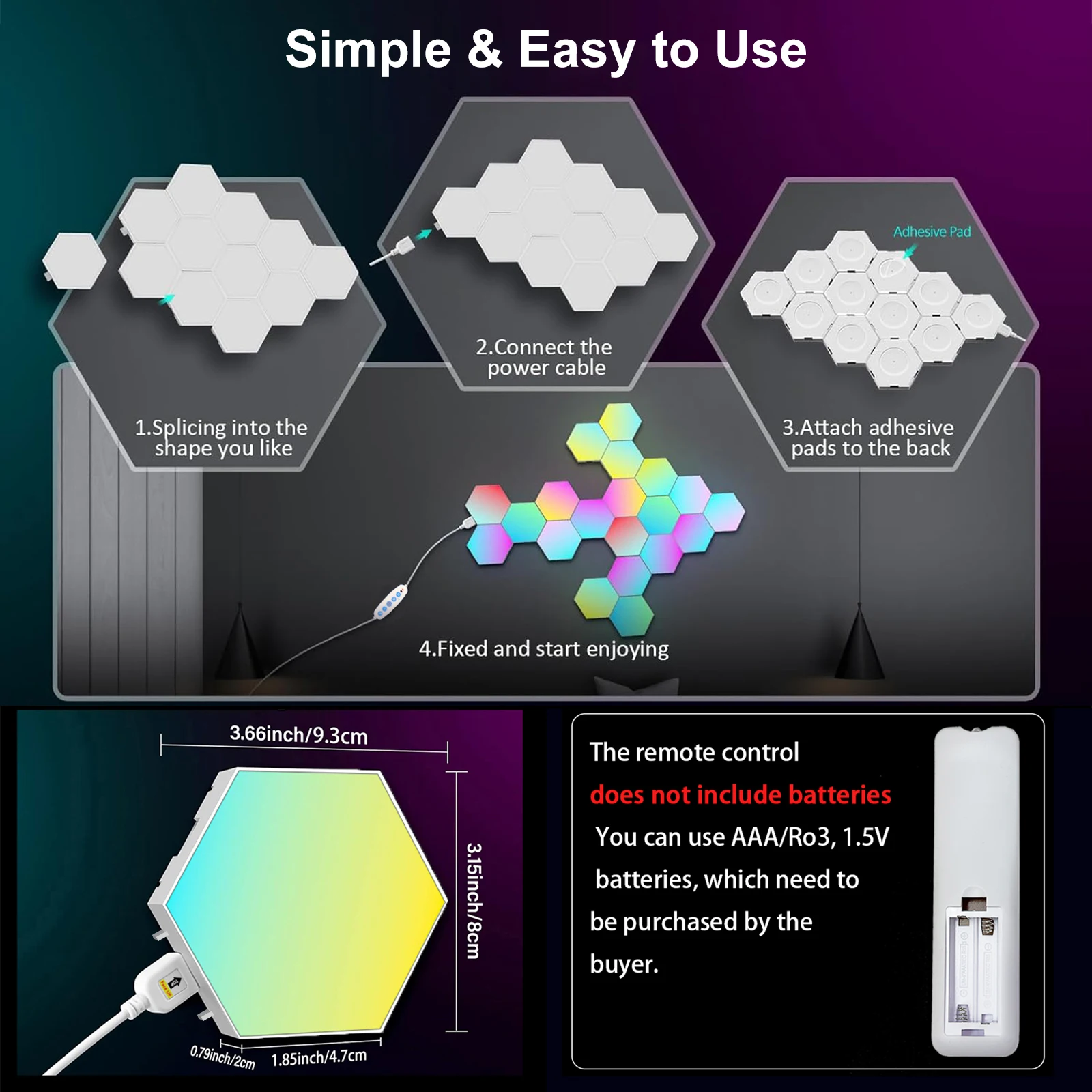 Smart Hexagon LED Wall Lights with App DIY & Remote Control Music Sync RGB Panels for Home Gaming Room Bedroom Living Room Decor Vibrant Geometric Design Indoor Party Festival Wall Decorative Light USB Powered Color Changing Modern Lights