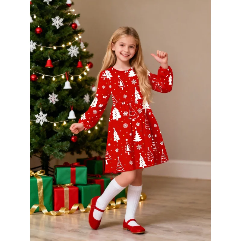 

Girls Red Christmas Tree Snowflake Full Print Long Sleeve Dress 2026 Holiday Seasonal Fashion for Kids