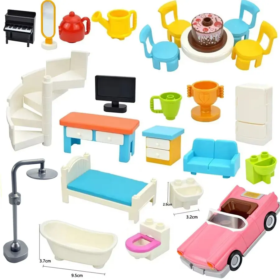 Duploes Big Size Building Blocks City Furniture Desk Chair Bed Sofa Bathroom Kitchen House Accessories Car Figuers Brick Toys