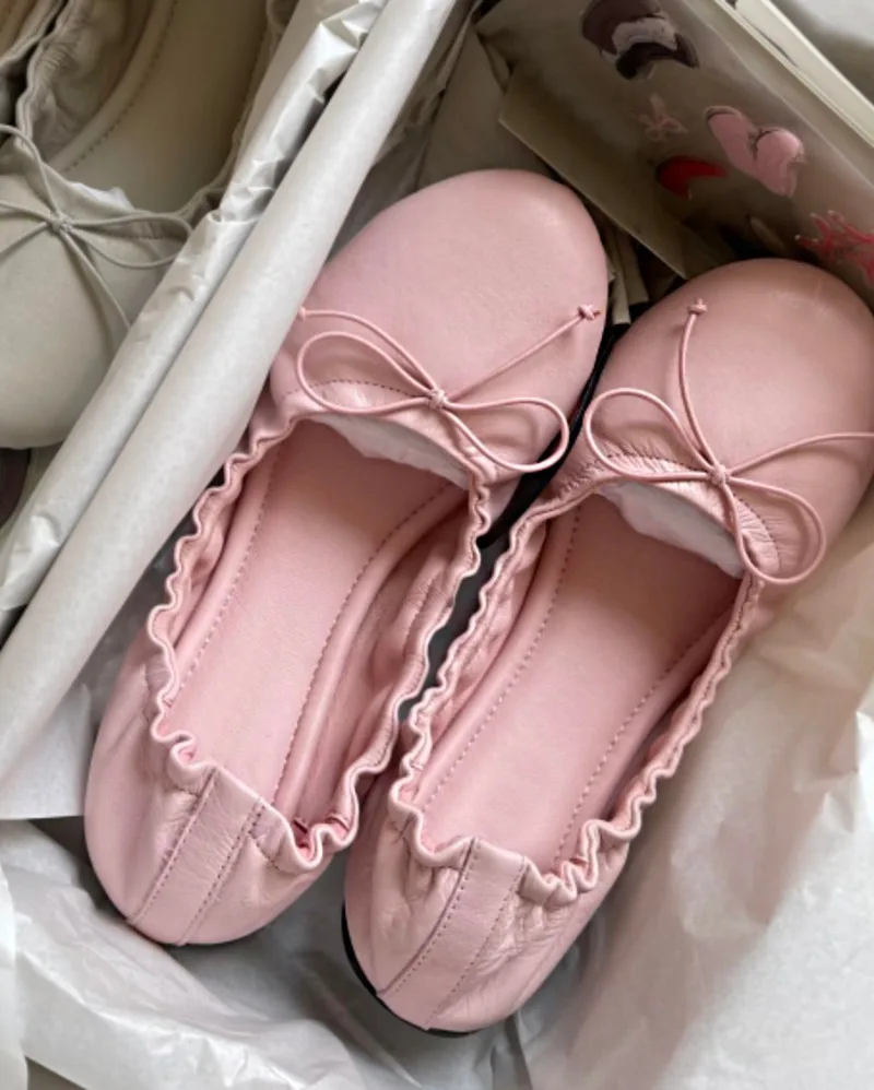 

High Quality Women's Soft Leather Bowknot Ballet Flats Foldable Shirred Edge Slip-On Loafers Comfy Casual Office Ballerina Shoes