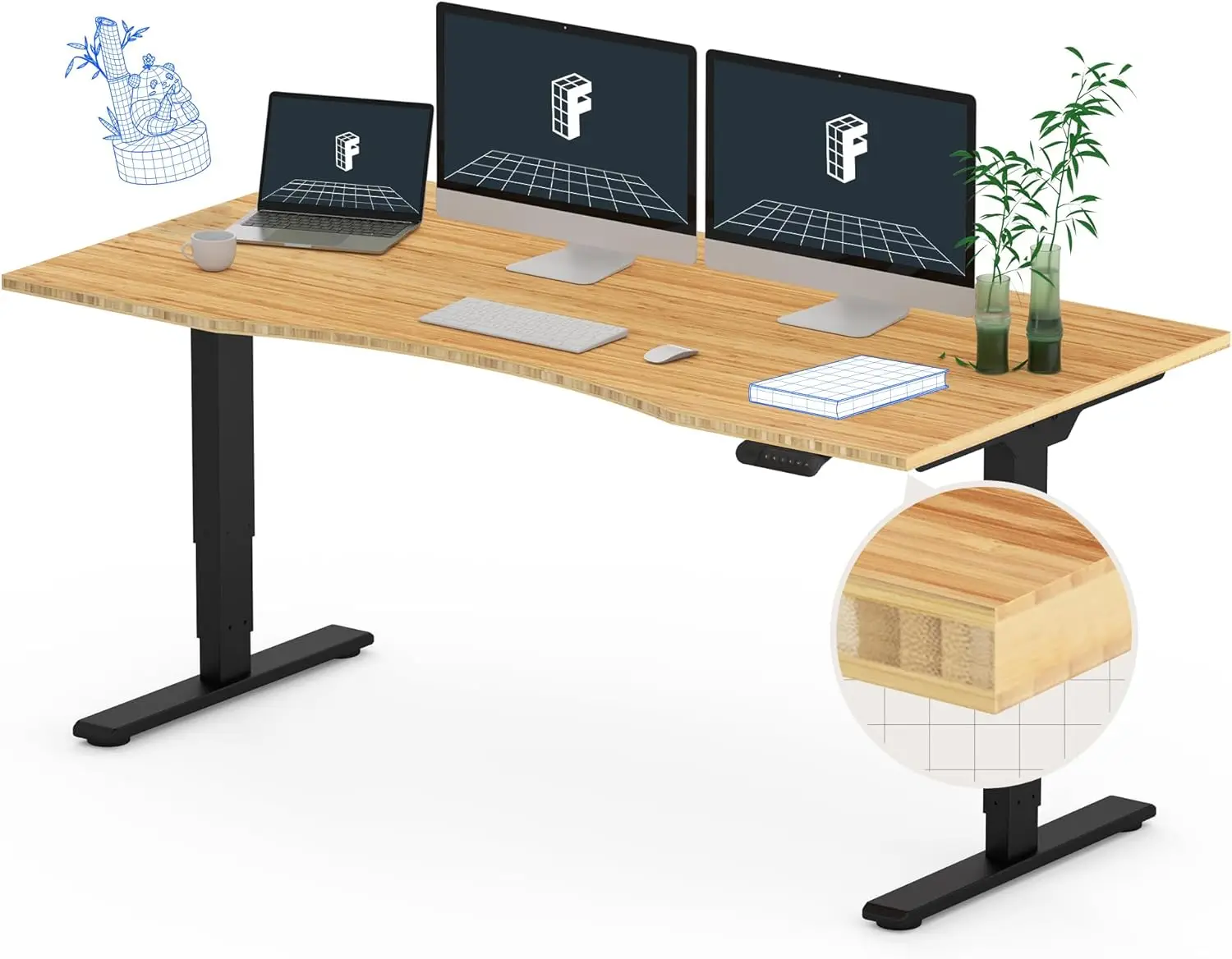 

3 Stages Dual Motor Bamboo 60x30 Inch Electric Standing Desk Contour Whole-Piece Board Height Adjustable