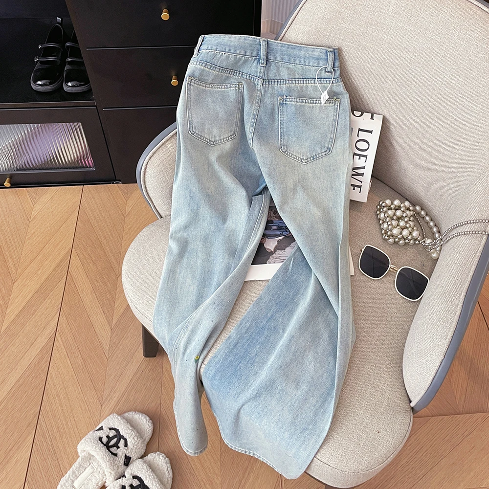 ZJYT High Street Fashion Women Embroidery Jeans Spring Summer High Waist Wide Leg Long Denim Pants Casual Trousers Female Blue