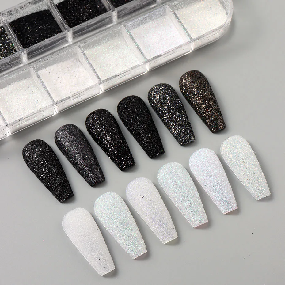 مسحوق لامع للأظافر باللون الأسود والأبيض، تأثير مطلي بالسكر قزحي الألوان، تصميم فرنسي أنيق لحفلات الزفاف، رقائق صبغ الكروم اللامعة #5