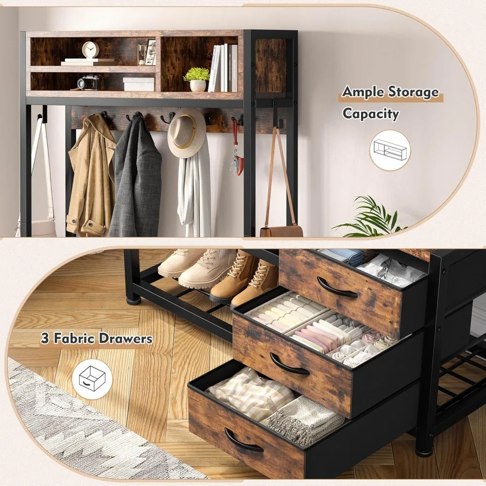 خزانة ملابس مع منصة تخزين للأحذية والمقعد، وشماعة ملابس مستقلة مع 3 أدراج قماش، ومنصة تخزين الأحذية