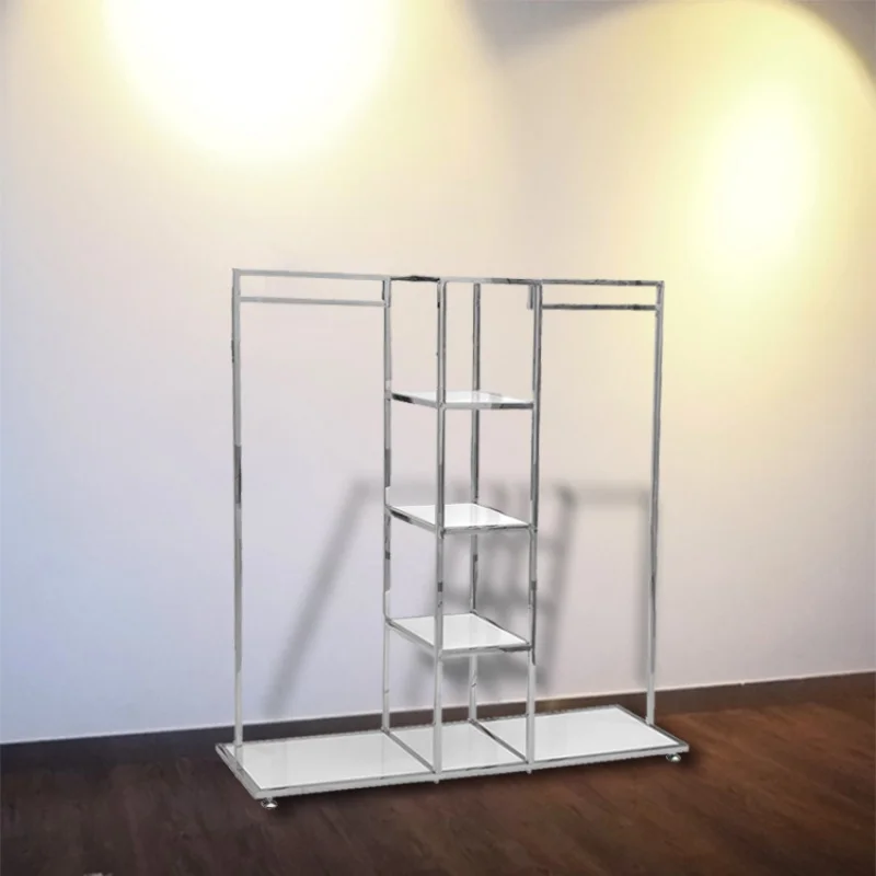 custom，Floor Standing Modern Stainless Steel MDF Store Shoe Display Rack Retail Display Cloth Shoe