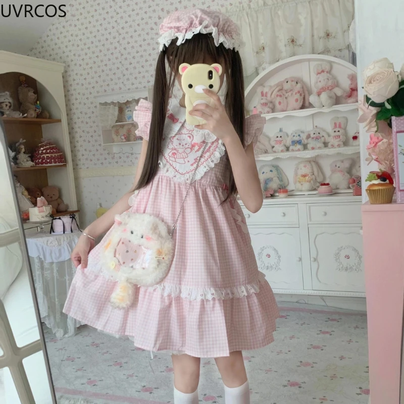 Pink Sweet Plaid Lolita Dress Women Kawaii Cute Bow Bear Embroidery Party Mini Dresses Female Vintage Elegant Fairy Dress Summer