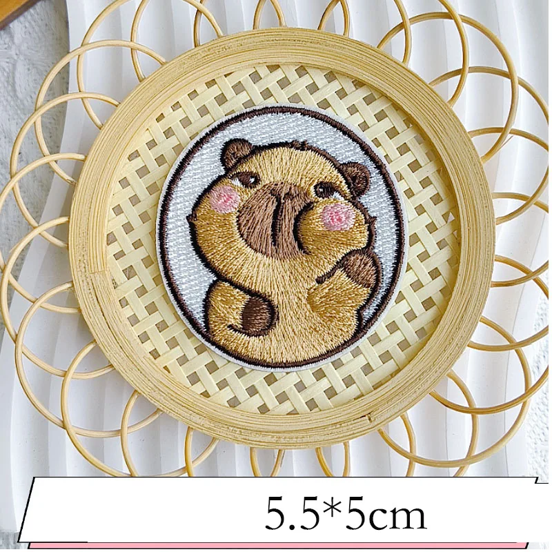 Cute Capybara Circular Self-adhesive Embroidered Patches Decorative Clothing Bag DIY Student Stationery Brooch Accessories