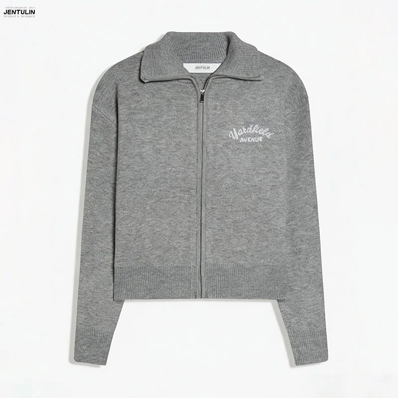 Retro Spliced ​​Zipper Knitted Sweater Women Fashion Stand Collar Long Sleeve Loose Short Cardigan Lady Y2k Letter Knitwear