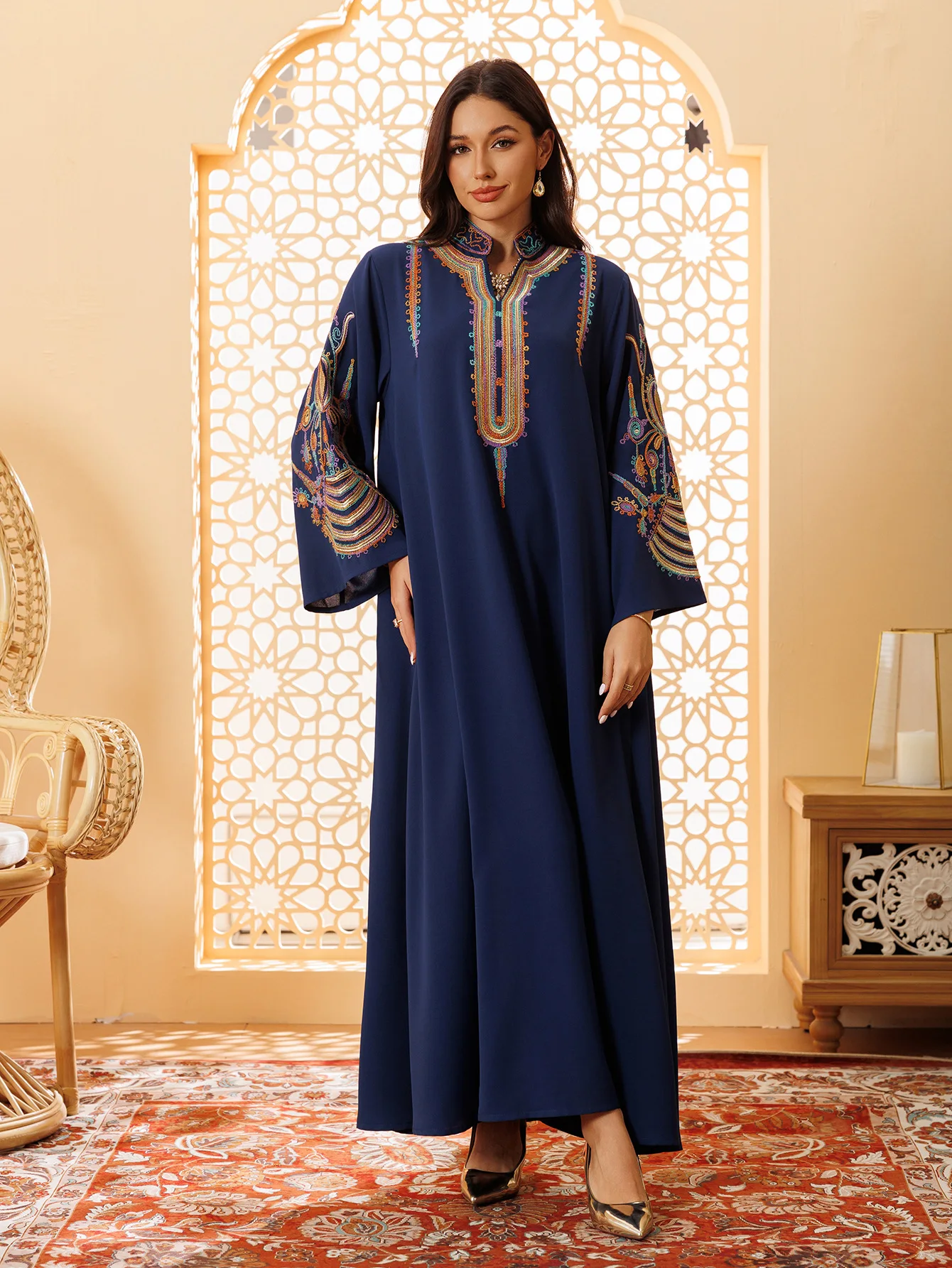 Women's Jalabiya, Multicolor Threads Embroidery, Party Traditional Arabic Dress, Wedding, Islamic Kaftan, Muslim Abaya, Ramadan