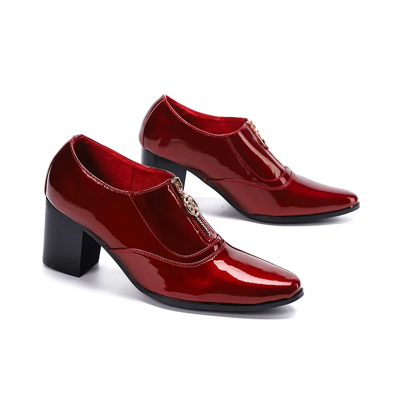 Luxury Red Patent Leather Men Formal Dress Shoes Party Celebration Man High Heel Pointed Toe Shoes Nightclub Dancer Short Boots