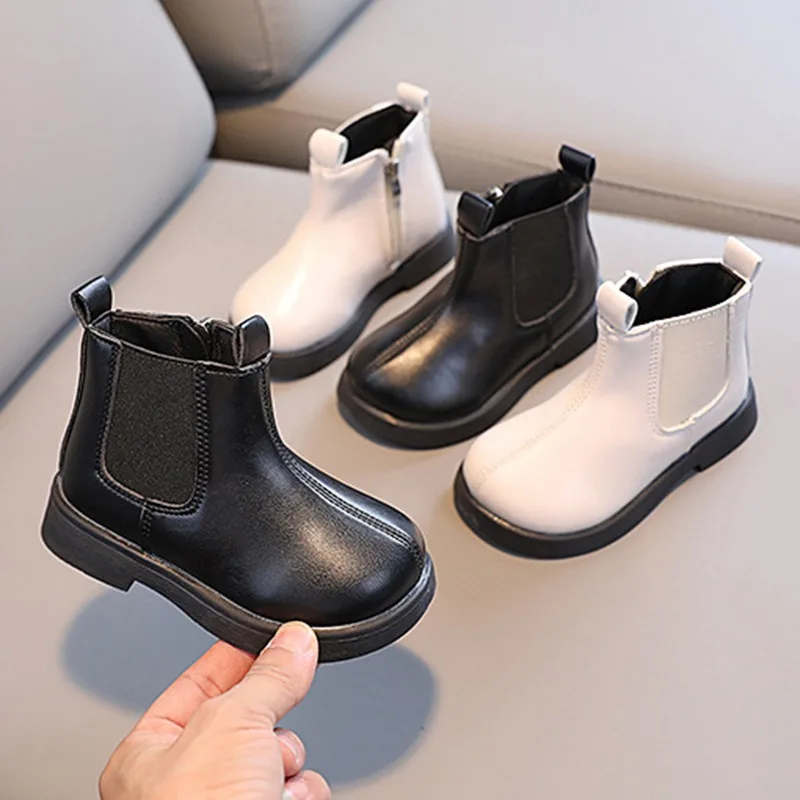 Baby Kids Short Boots Girl Pure Color Soft Leather Princess Boot Children British Style Handsome Casual Side Zipper design Shoes