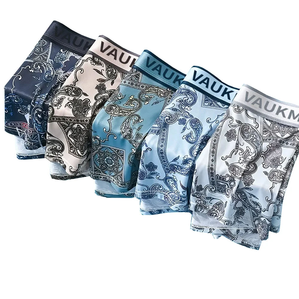 5 قطعة/المجموعة الرجال النمط الصيني الحرير الجليد الملابس الداخلية أزياء الرجال سراويل تنفس زائد حجم المضادة للبكتيريا المطبوعة الرجال Underpant #3